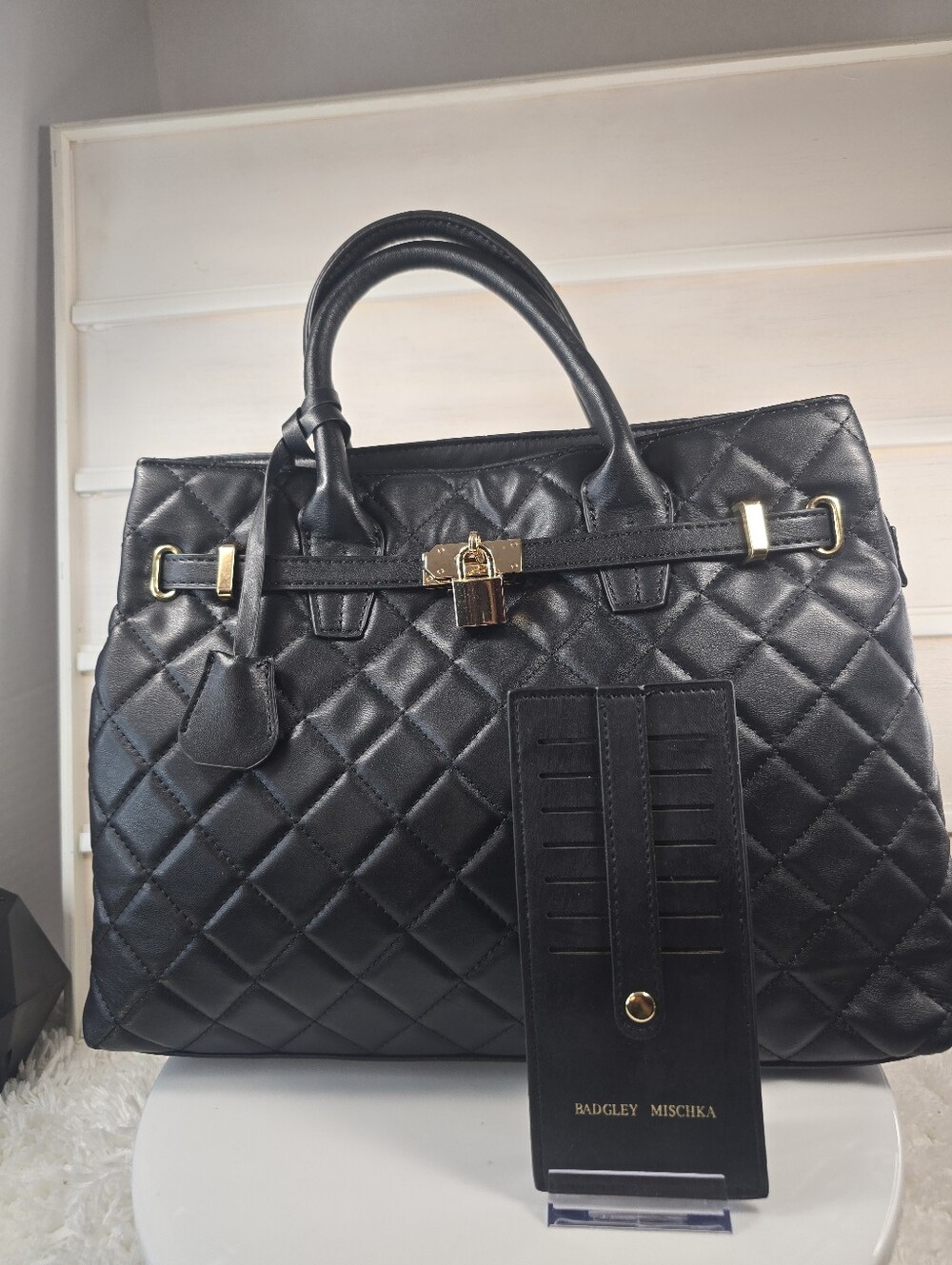 Badgley Mischka Black Quilted Satchel with Gold Hardware with card holder.